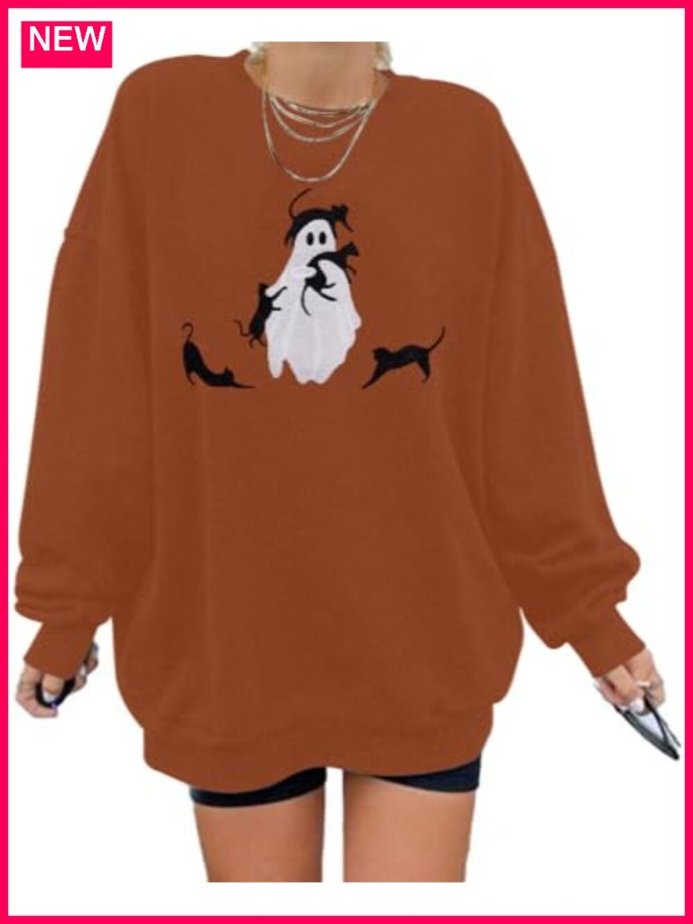 Halloween Ghost Cats Embroidered Sweatshirt Women Loose Fit Pullover